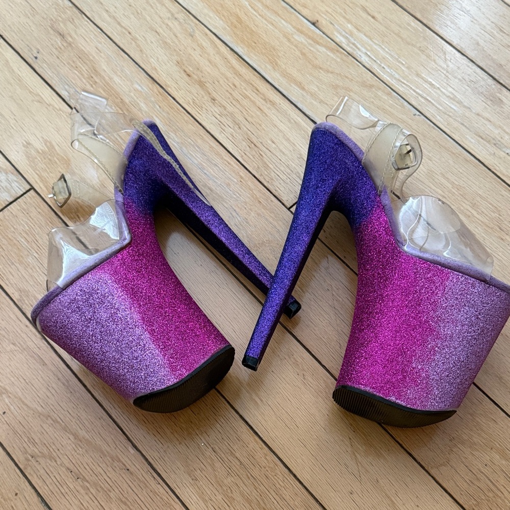 Pleaser Purple to Pink Glitter Platform Heels with Clear Straps